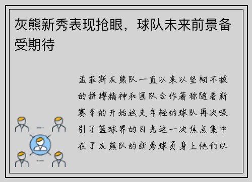 灰熊新秀表现抢眼，球队未来前景备受期待